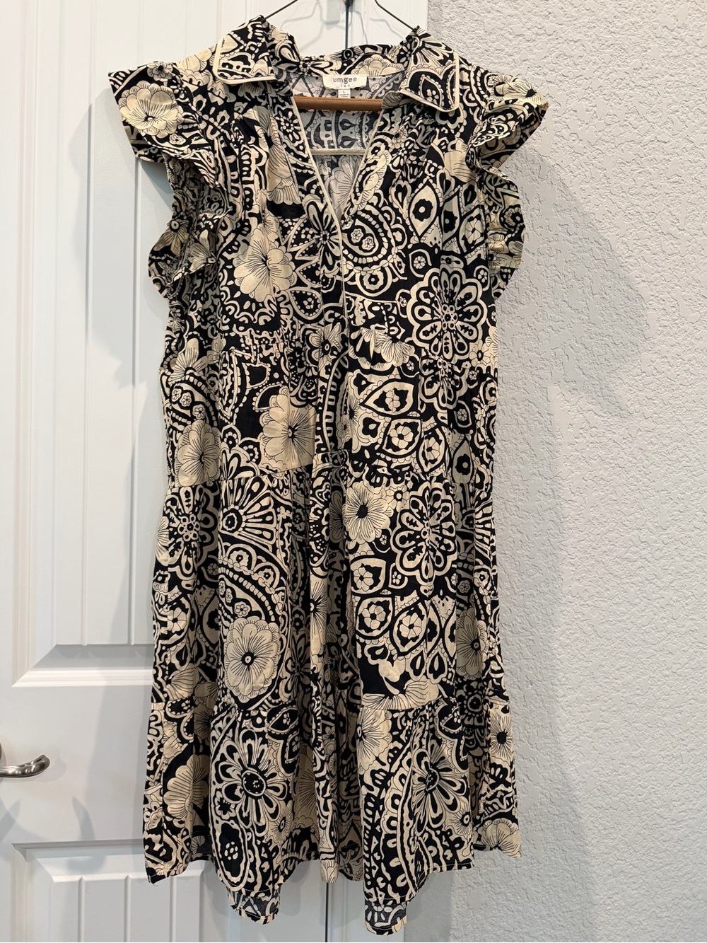 Umgee Black & Cream Floral Paisley Midi Dress with Collar